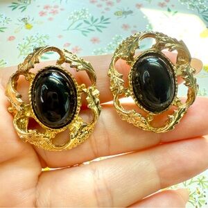 Vintage Victorian Revival Gold Tone Black Cabochon Clip Earrings
